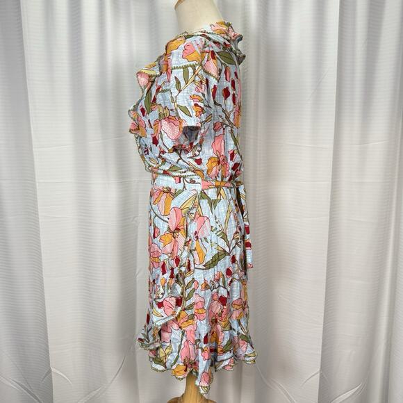 Poupette St. Barth Size Large Aude Wrap Mini Dress Blue Floral Ruffle Feminine - Picture 4 of 12